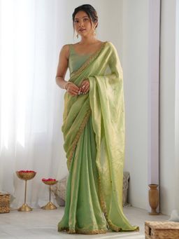 Akhilam - Women Paper Silk Light Green Embellished Saree with Unstitched Blouse