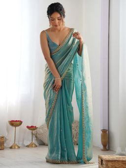 Akhilam - Women Paper Silk Light Blue Embellished Saree with Unstitched Blouse