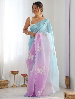Akhilam - Women Chiffon Blue Embellished Designer Saree with Unstitched Blouse