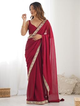 Akhilam - Women Satin Silk Maroon Embellished Designer Saree with Unstitched Blouse