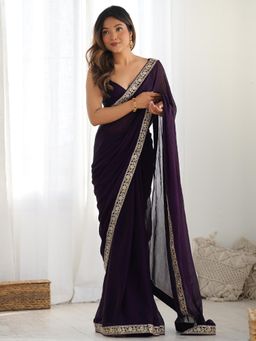 Akhilam - Women Satin Silk Purple Embellished Designer Saree with Unstitched Blouse