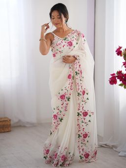 Akhilam - Women Net Off White Embroidered Designer Saree with Unstitched Blouse