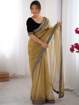 Akhilam - Women Net Brown Embellished Designer Saree with Unstitched Blouse