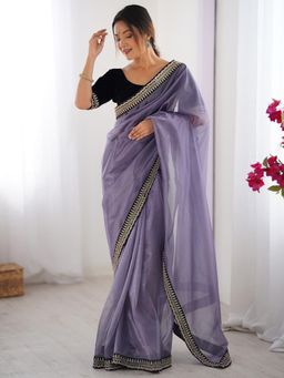 Akhilam - Women NetLavender Embellished Designer Saree with Unstitched Blouse