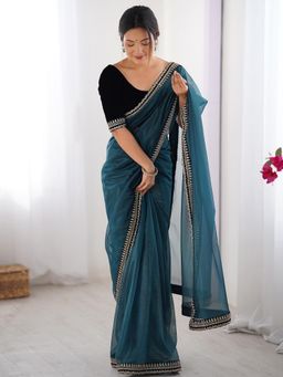 Akhilam - Women Net Teal Embellished Designer Saree with Unstitched Blouse