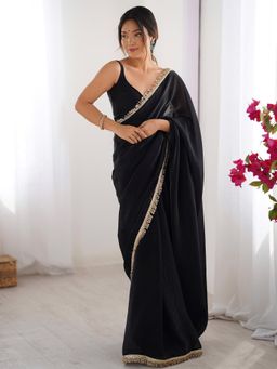 Women's Silk Blend Teal blue Embellished Designer Saree With Blouse Piece