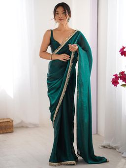 Sareemall - Women Satin Teal Green Embellished Designer Saree with Unstitched Blouse