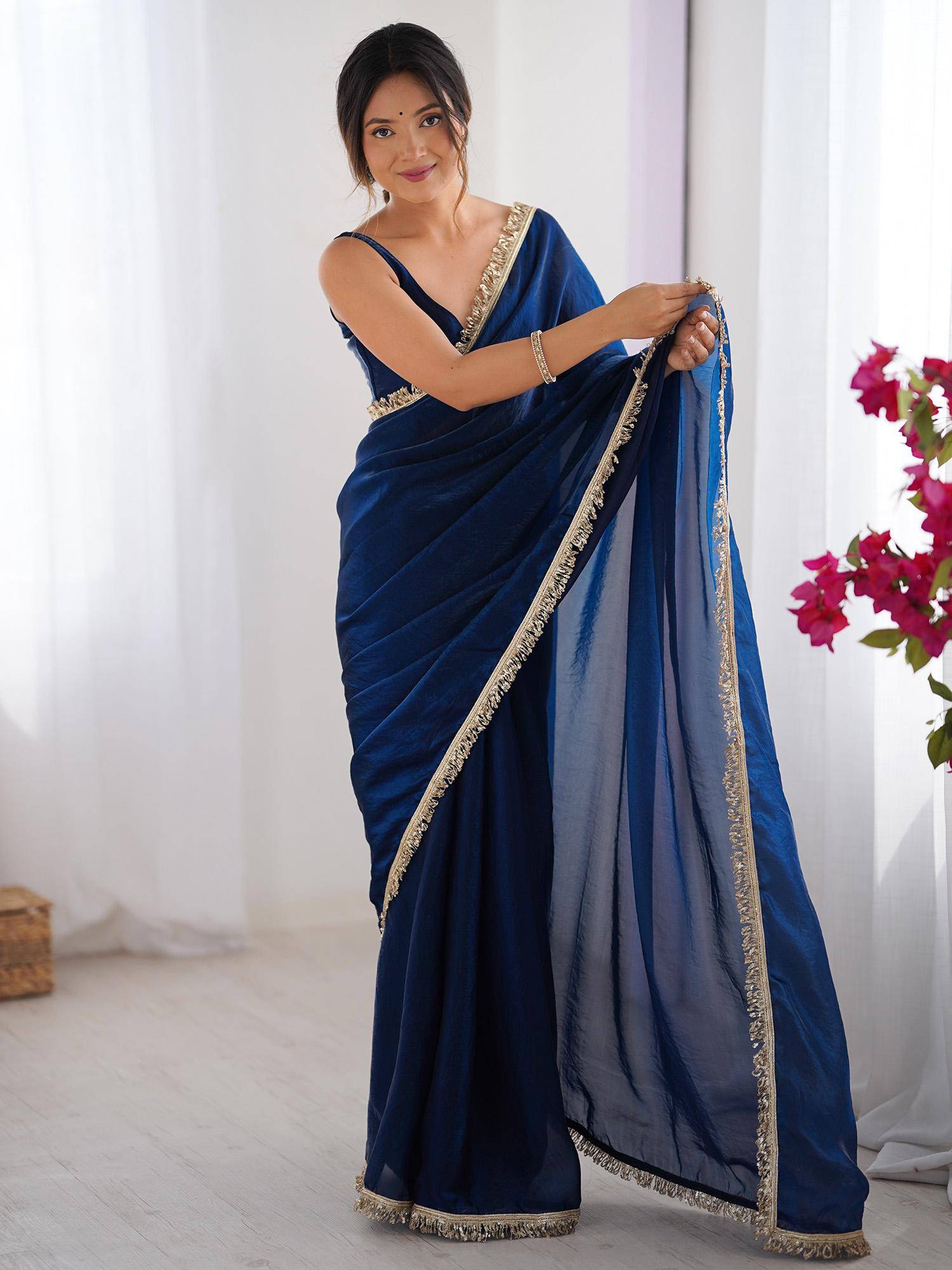 Women Satin Teal Blue Embellished Designer Saree with Unstitched Blouse