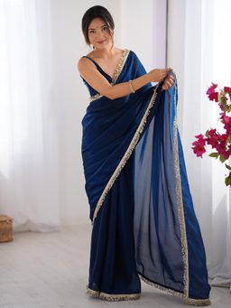 Sareemall - Women Satin Teal Blue Embellished Designer Saree with Unstitched Blouse