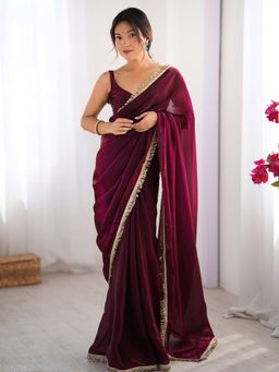 Sareemall - Women Satin Magenta Embellished Designer Saree with Unstitched Blouse
