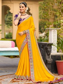 Akhilam - Women Satin Silk Yellow Embellished Designer Saree with Unstitched Blouse