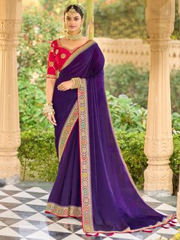Akhilam - Women Satin Silk Purple Embellished Designer Saree with Unstitched Blouse