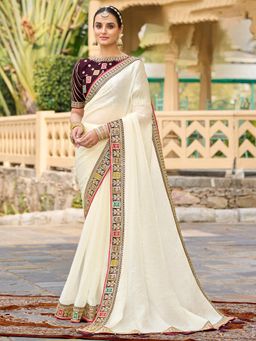 Akhilam - Women Satin Silk Cream Embellished Designer Saree with Unstitched Blouse
