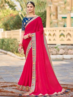 Akhilam - Women Satin Silk Pink Embellished Designer Saree with Unstitched Blouse