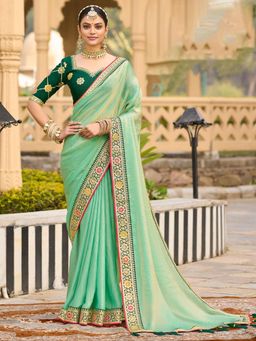 Akhilam - Women Satin Silk Green Embellished Designer Saree with Unstitched Blouse