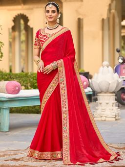 Akhilam - Women Satin Silk Red Embellished Designer Saree with Unstitched Blouse