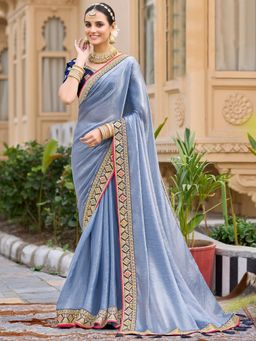 Akhilam - Women Satin Silk Navy Blue Embellished Designer Saree with Unstitched Blouse