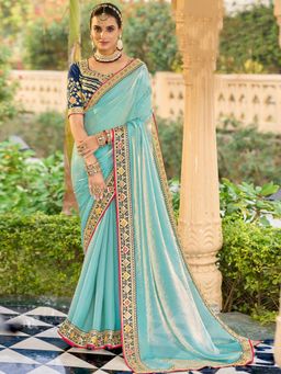 Akhilam - Women Satin Silk Navy Blue Embellished Designer Saree with Unstitched Blouse
