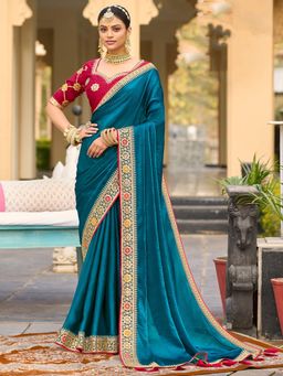 Akhilam - Women Satin Silk Blue Embellished Designer Saree with Unstitched Blouse