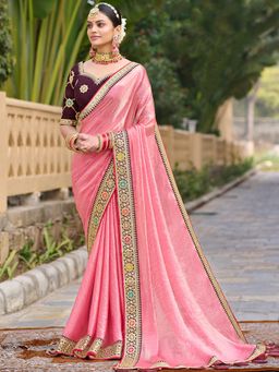 Akhilam - Women Satin Silk Pink Embellished Designer Saree with Unstitched Blouse