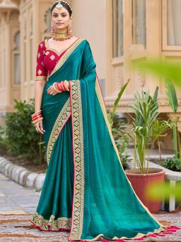 Akhilam - Women Satin Silk Teal Embellished Designer Saree with Unstitched Blouse