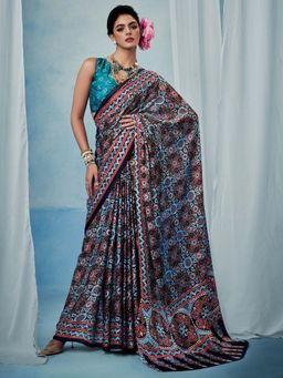 Akhilam - Women Satin Silk Black Printed Designer Saree with Unstitched Blouse