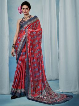 Akhilam - Women Satin Silk Maroon Printed Designer Saree with Unstitched Blouse