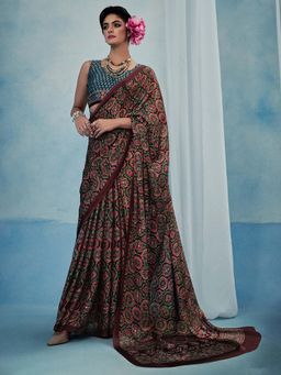 Akhilam - Women Satin Silk Brown Printed Designer Saree with Unstitched Blouse