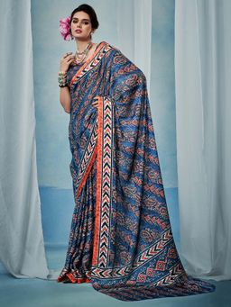 Akhilam - Women Satin Silk Blue Printed Designer Saree with Unstitched Blouse