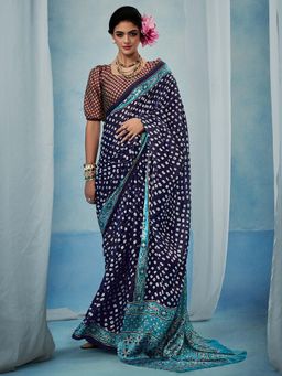 Akhilam - Women Satin Silk Navy Blue Printed Designer Saree with Unstitched Blouse