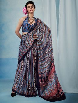 Akhilam - Women Satin Silk Blue Printed Designer Saree with Unstitched Blouse