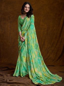 Akhilam - Women Georgette Light Green Embellished Saree with Unstitched Blouse
