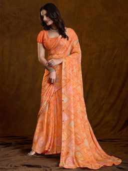Akhilam - Women Georgette Orange Embellished Designer Saree with Unstitched Blouse