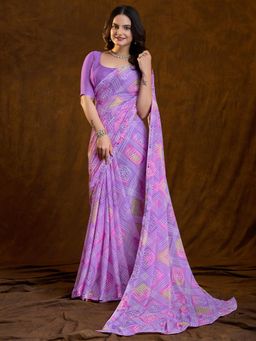 Akhilam - Women Georgette Lavendar Embellished Designer Saree with Unstitched Blouse
