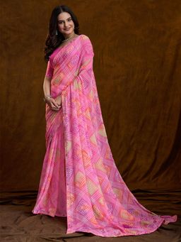 Akhilam - Women Georgette Pink Embellished Designer Saree with Unstitched Blouse