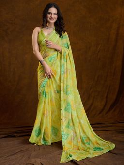 Akhilam - Women Georgette Light Green Embellished Saree with Unstitched Blouse