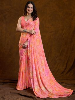 Akhilam - Women Georgette Pink Embellished Designer Saree with Unstitched Blouse