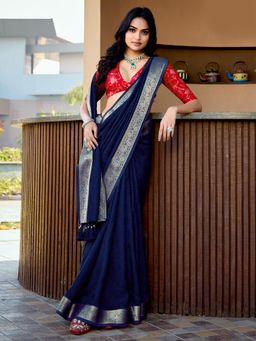 Akhilam - Women Tussar Silk Navy Blue Woven Design Designer Saree with Unstitched Blouse