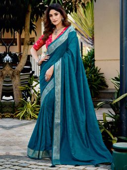 Akhilam - Women Tussar Silk Teal Woven Design Designer Saree with Unstitched Blouse
