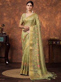 Sareemall - Women Tissue Light Green Woven Design Saree with Unstitched Blouse