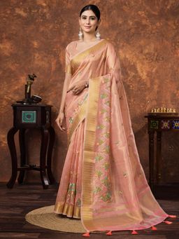 Sareemall - Women Tissue Peach Woven Design Designer Saree with Unstitched Blouse