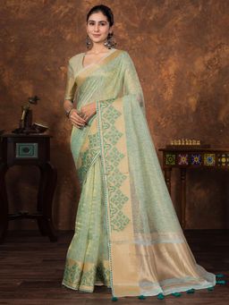Sareemall - Women Tissue Green Woven Design Designer Saree with Unstitched Blouse
