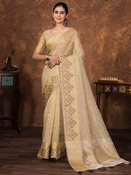 Sareemall - Women Tissue Cream Woven Design Designer Saree with Unstitched Blouse