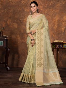 Sareemall - Women Tissue Olive Woven Design Designer Saree with Unstitched Blouse