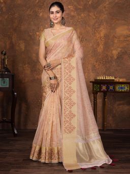 Sareemall - Women Tissue Cream Woven Design Designer Saree with Unstitched Blouse
