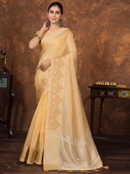 Sareemall - Women Tissue Yellow Woven Design Designer Saree with Unstitched Blouse