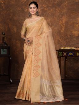 Sareemall - Women Tissue Orange Woven Design Designer Saree with Unstitched Blouse