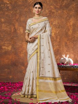 Sareemall - Women Linen Cream Woven Design Designer Saree with Unstitched Blouse