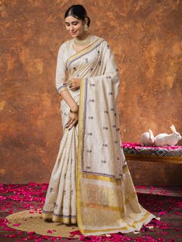 Sareemall - Women Linen Cream Woven Design Designer Saree with Unstitched Blouse