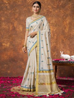 Sareemall - Women Linen Cream Woven Design Designer Saree with Unstitched Blouse